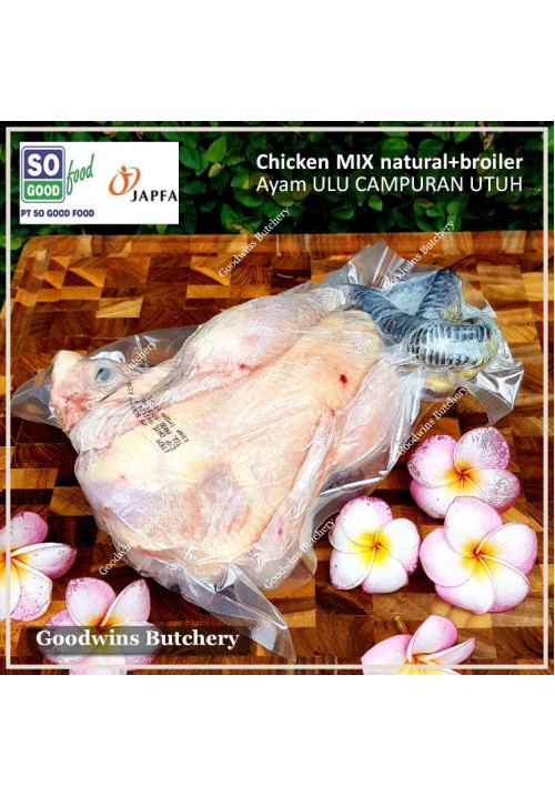 Chicken WHOLE AYAM ULU SoGood utuh ada hati ampela kepala kaki - ULU cross breed chicken whole frozen SoFood Food Japfa +/- 1.1kg (price/kg)